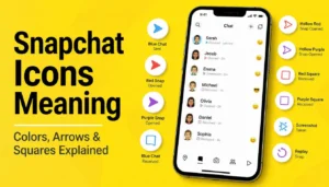 Snapchat icons meaning guide showing blue, red, purple, arrow, and square icons