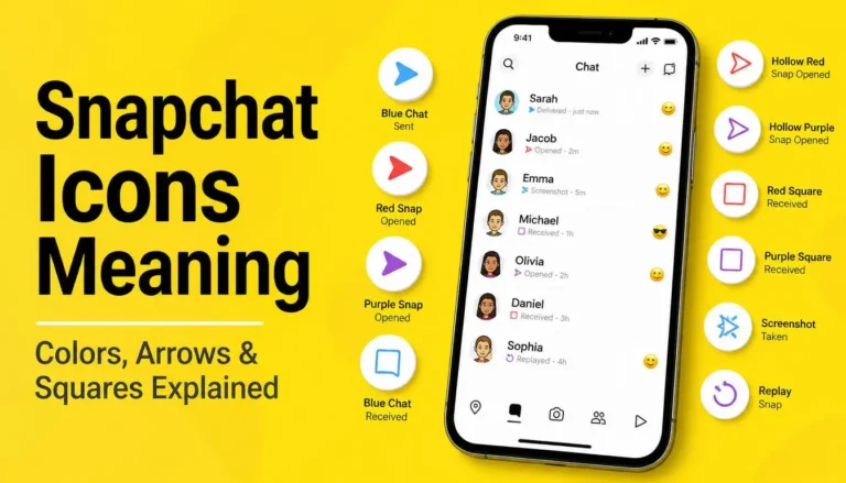 Snapchat icons meaning guide showing blue, red, purple, arrow, and square icons